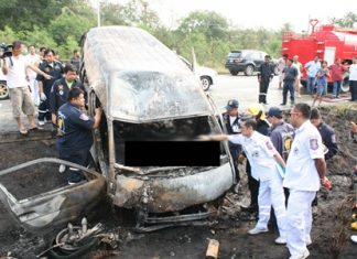 Seven people perished, including two children, when fire swept through their minivan after it crashed into a signpost near Bira Circuit on Highway 36.